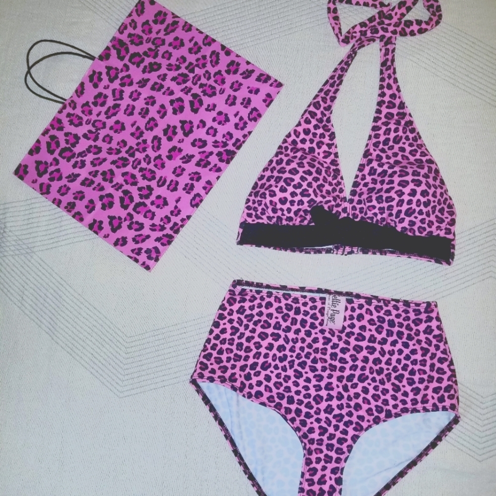 Retro Pink Leopard Halter two-piece bathing suit